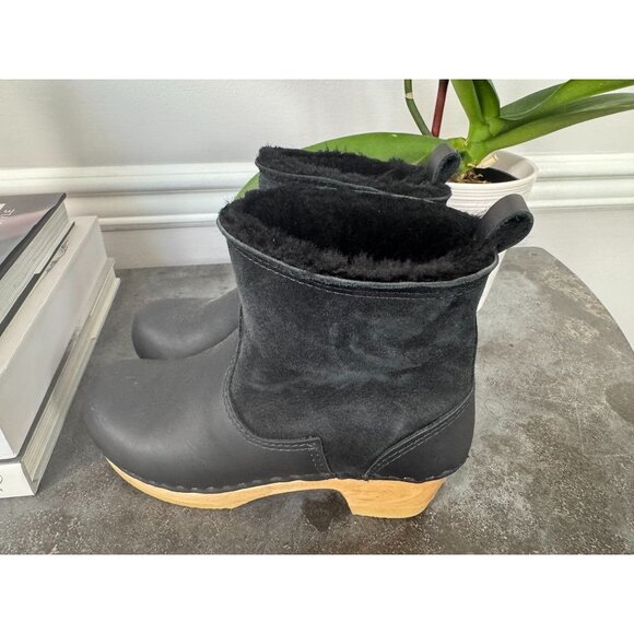 No. 6 Shoes - No. 6 Pull-on Shearling Wood Clog Boots on Mid Heel Black Suede Women's 38